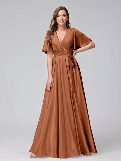 A-Line V-Neck Half Sleeves Long Silk Satin Bridesmaid Dresses With Ruffles Split Side