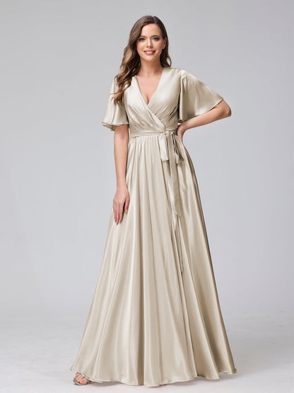 A-Line V-Neck Half Sleeves Long Silk Satin Bridesmaid Dresses With Ruffles Split Side