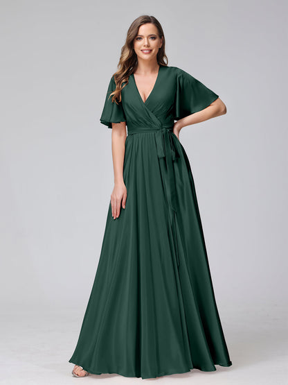 A-Line V-Neck Half Sleeves Long Silk Satin Bridesmaid Dresses With Ruffles Split Side