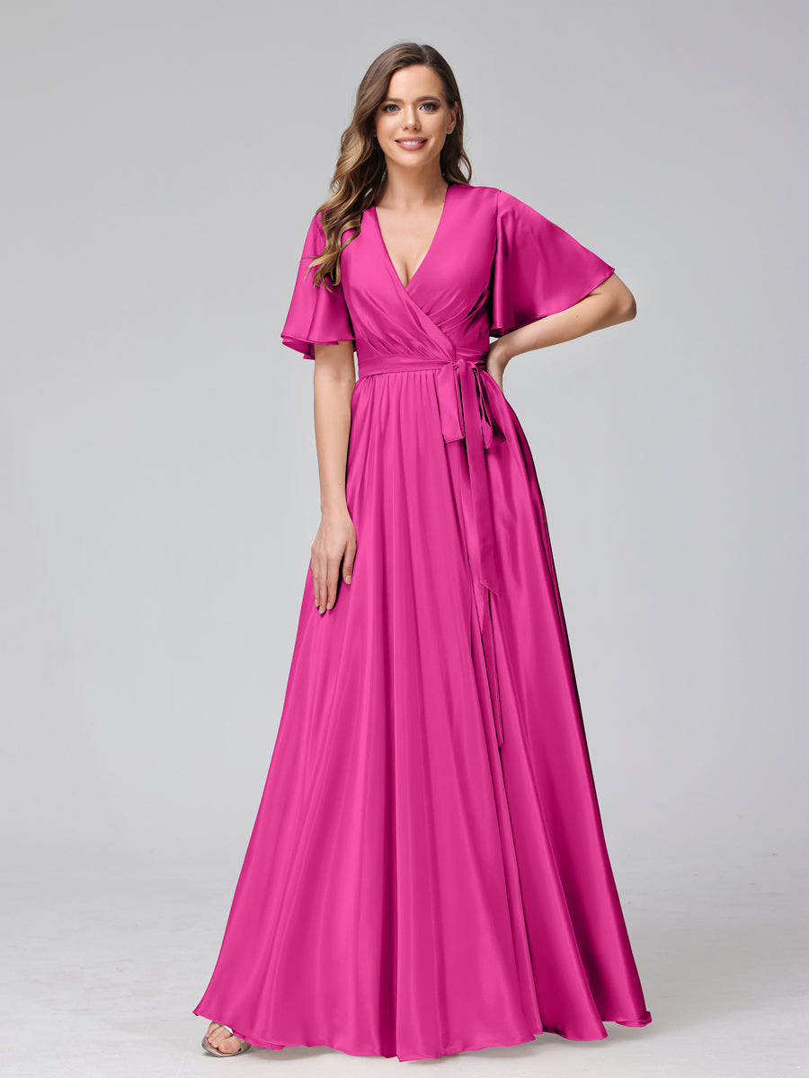 A-Line V-Neck Half Sleeves Long Silk Satin Bridesmaid Dresses With Ruffles Split Side