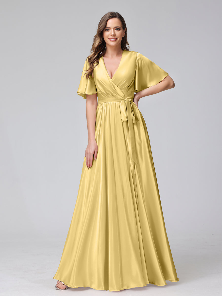 A-Line V-Neck Half Sleeves Long Silk Satin Bridesmaid Dresses With Ruffles Split Side