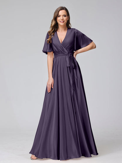 A-Line V-Neck Half Sleeves Long Silk Satin Bridesmaid Dresses With Ruffles Split Side