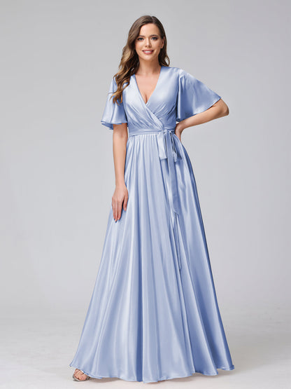 A-Line V-Neck Half Sleeves Long Silk Satin Bridesmaid Dresses With Ruffles Split Side