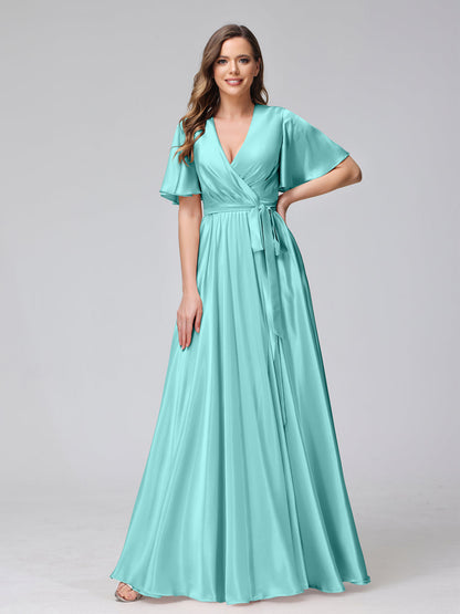 A-Line V-Neck Half Sleeves Long Silk Satin Bridesmaid Dresses With Ruffles Split Side