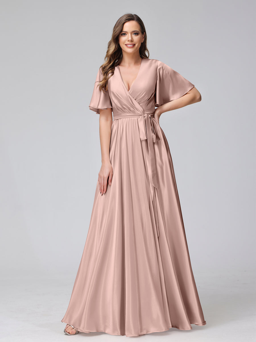 A-Line V-Neck Half Sleeves Long Silk Satin Bridesmaid Dresses With Ruffles Split Side