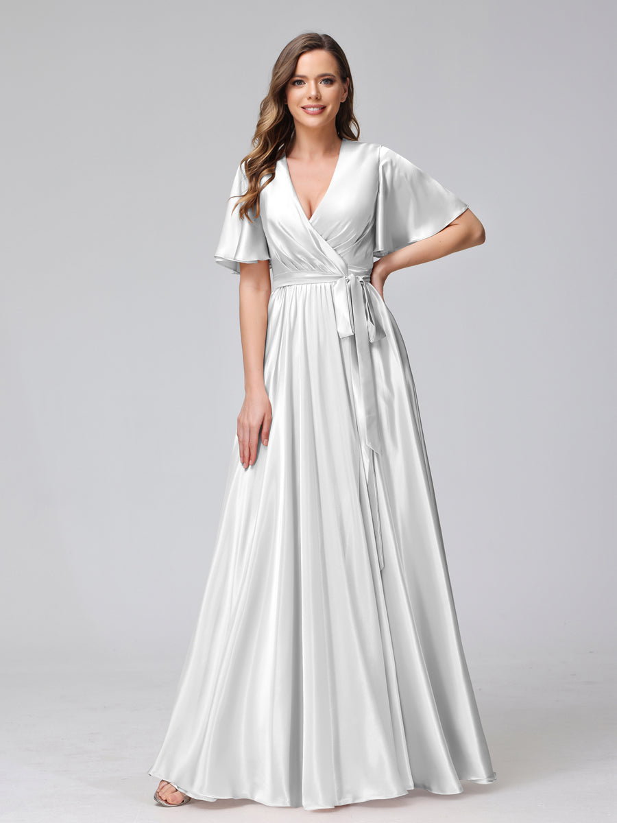 A-Line V-Neck Half Sleeves Long Silk Satin Bridesmaid Dresses With Ruffles Split Side