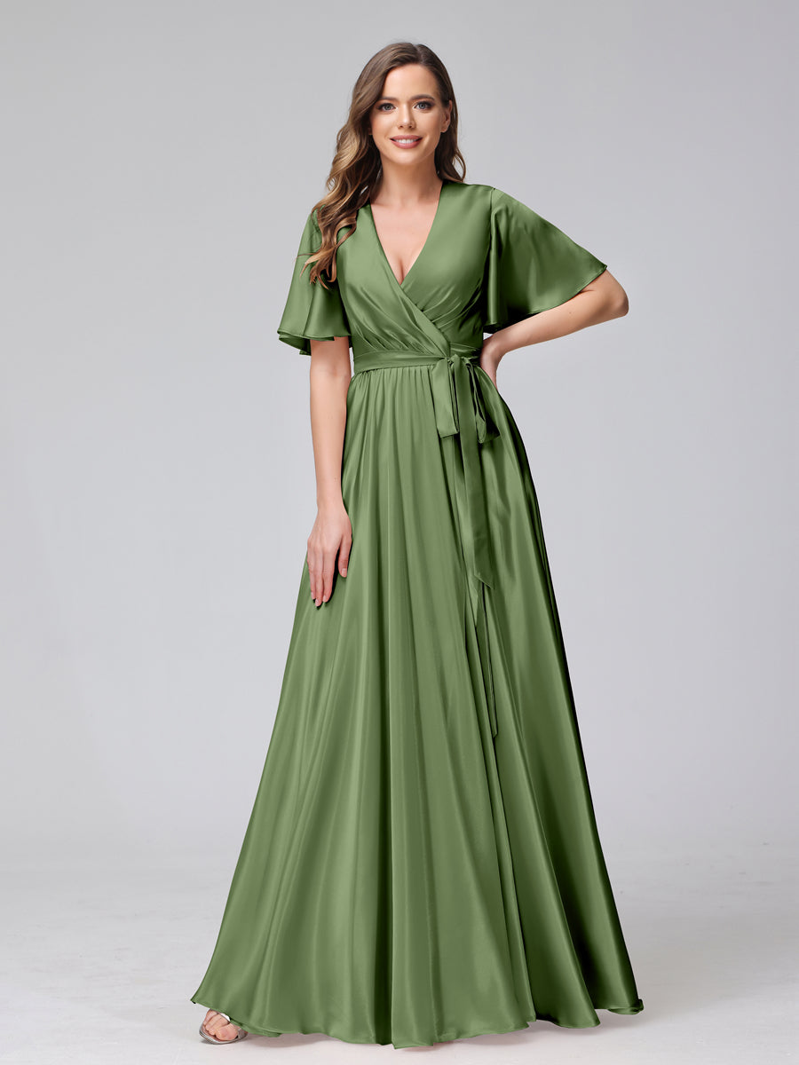 A-Line V-Neck Half Sleeves Long Silk Satin Bridesmaid Dresses With Ruffles Split Side