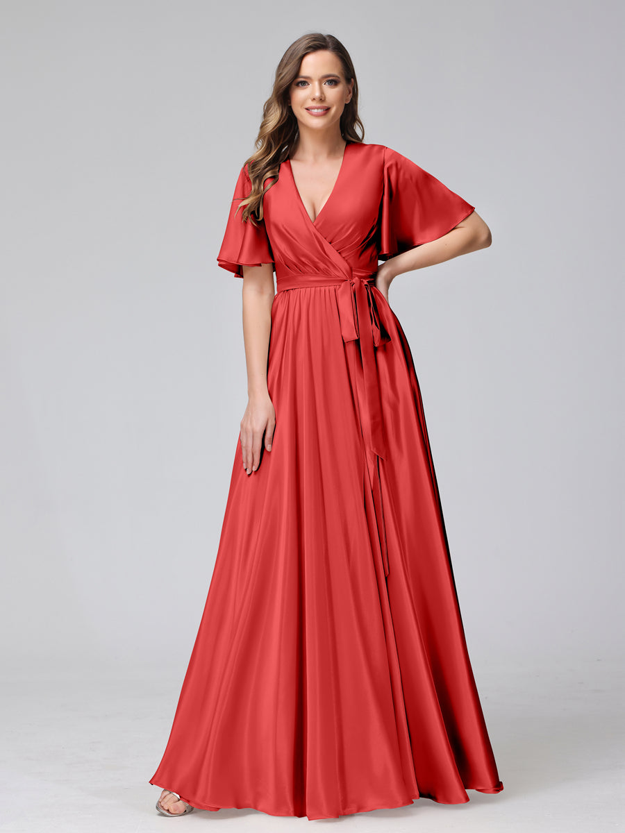 A-Line V-Neck Half Sleeves Long Silk Satin Bridesmaid Dresses With Ruffles Split Side