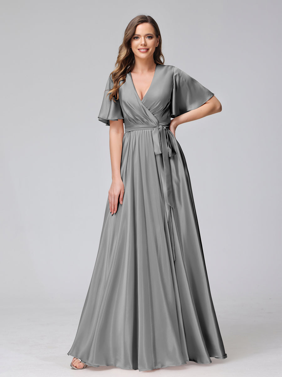 A-Line V-Neck Half Sleeves Long Silk Satin Bridesmaid Dresses With Ruffles Split Side