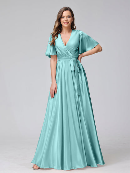 A-Line V-Neck Half Sleeves Long Silk Satin Bridesmaid Dresses With Ruffles Split Side