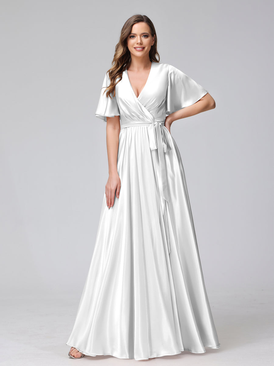 A-Line V-Neck Half Sleeves Long Silk Satin Bridesmaid Dresses With Ruffles Split Side