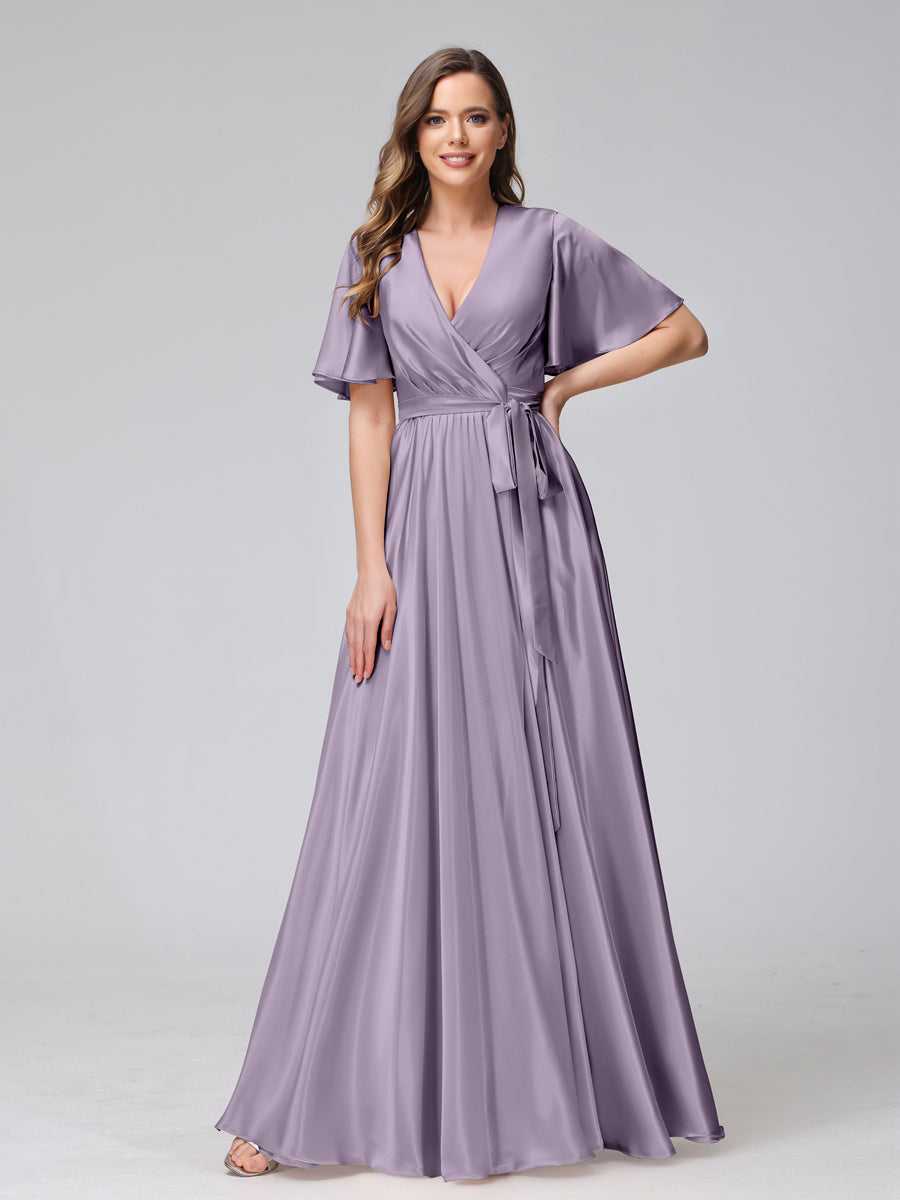 A-Line V-Neck Half Sleeves Long Silk Satin Bridesmaid Dresses With Ruffles Split Side