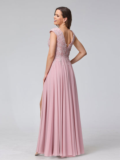 A-Line V-Neck Sleeveless Chiffon Long Bridesmaid Dresses With Applique Split Side