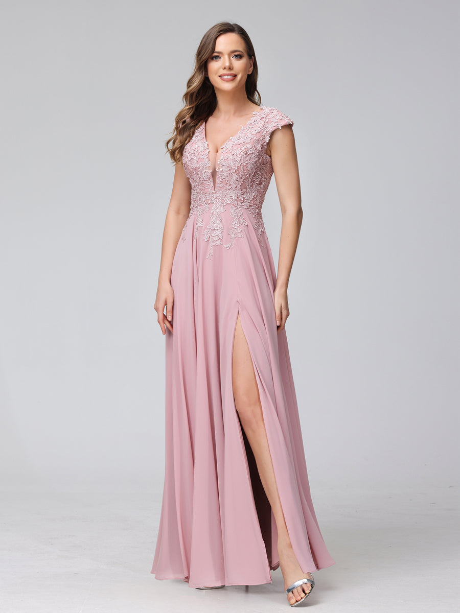 A-Line V-Neck Sleeveless Chiffon Long Bridesmaid Dresses With Applique Split Side