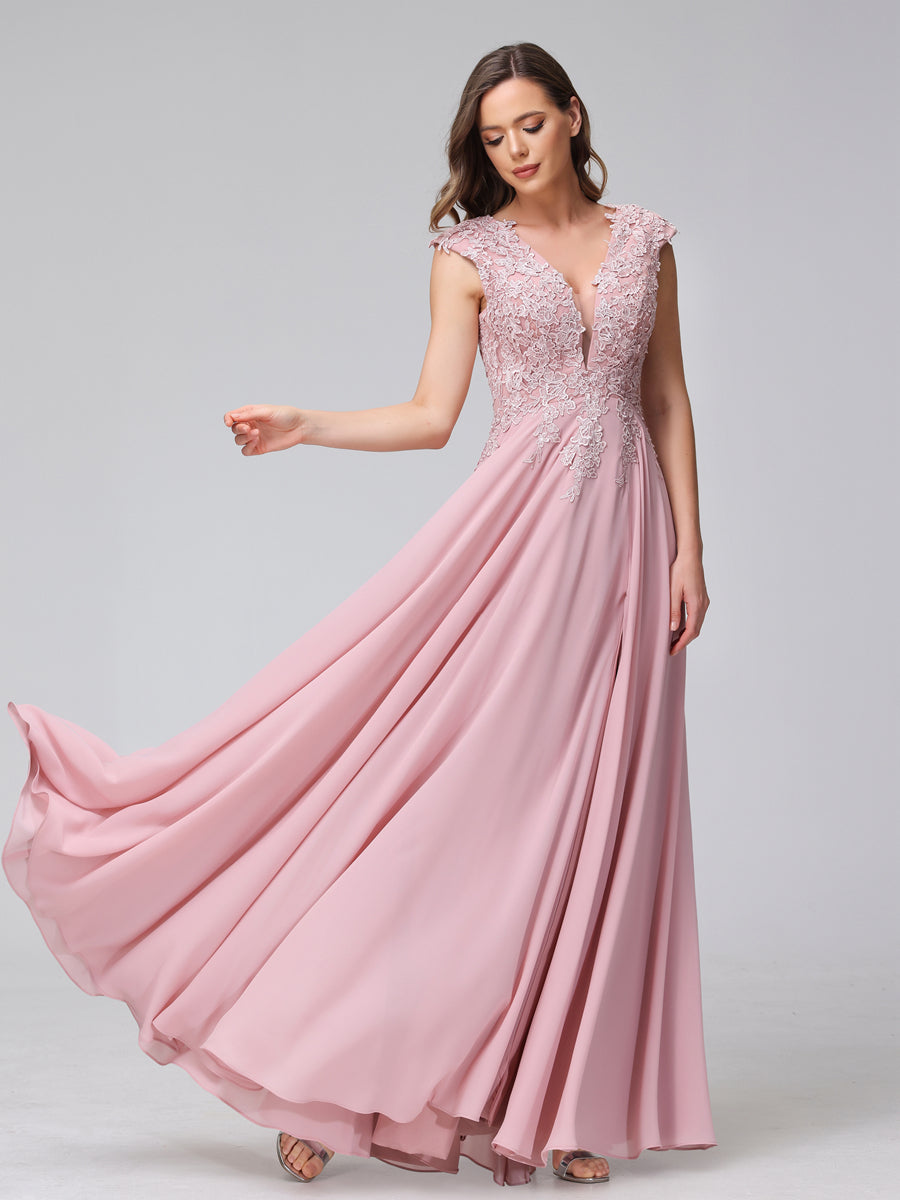 A-Line V-Neck Sleeveless Chiffon Long Bridesmaid Dresses With Applique Split Side