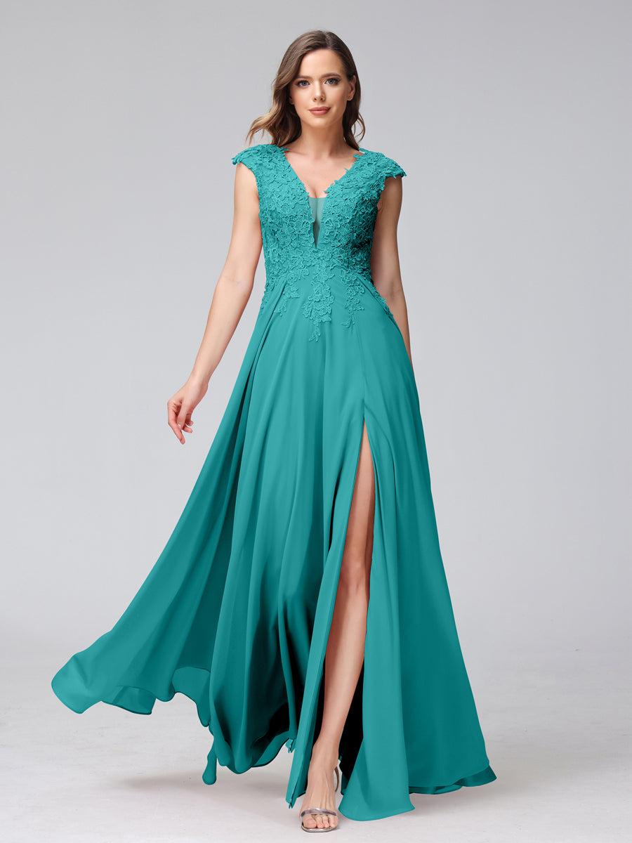 A-Line V-Neck Sleeveless Chiffon Long Bridesmaid Dresses With Applique Split Side