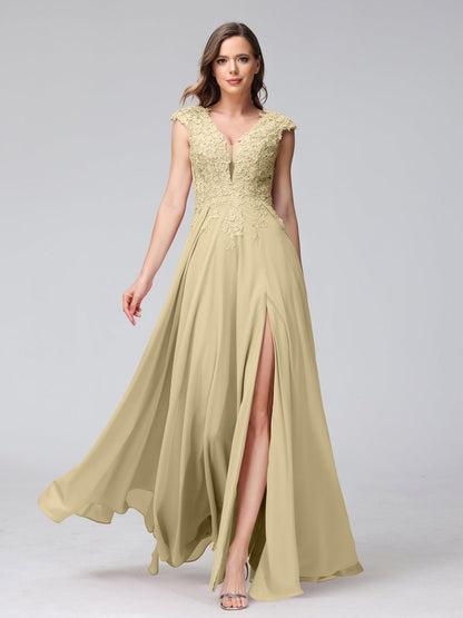 A-Line V-Neck Sleeveless Chiffon Long Bridesmaid Dresses With Applique Split Side