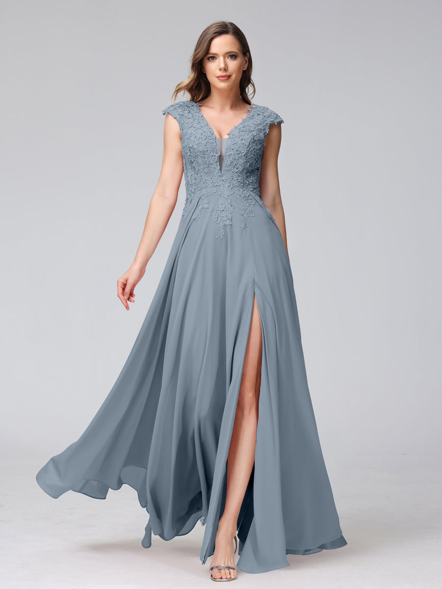 A-Line V-Neck Sleeveless Chiffon Long Bridesmaid Dresses With Applique Split Side