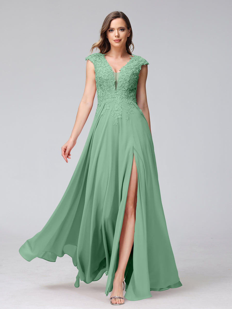 A-Line V-Neck Sleeveless Chiffon Long Bridesmaid Dresses With Applique Split Side