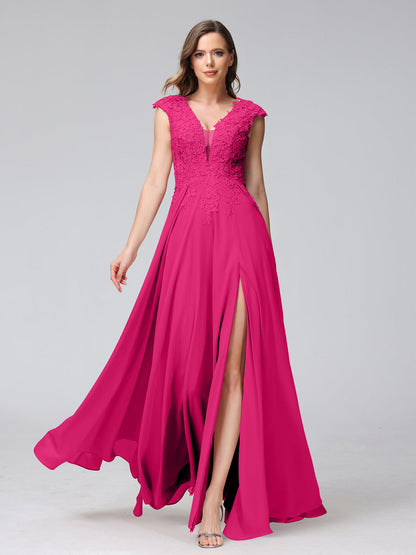 A-Line V-Neck Sleeveless Chiffon Long Bridesmaid Dresses With Applique Split Side