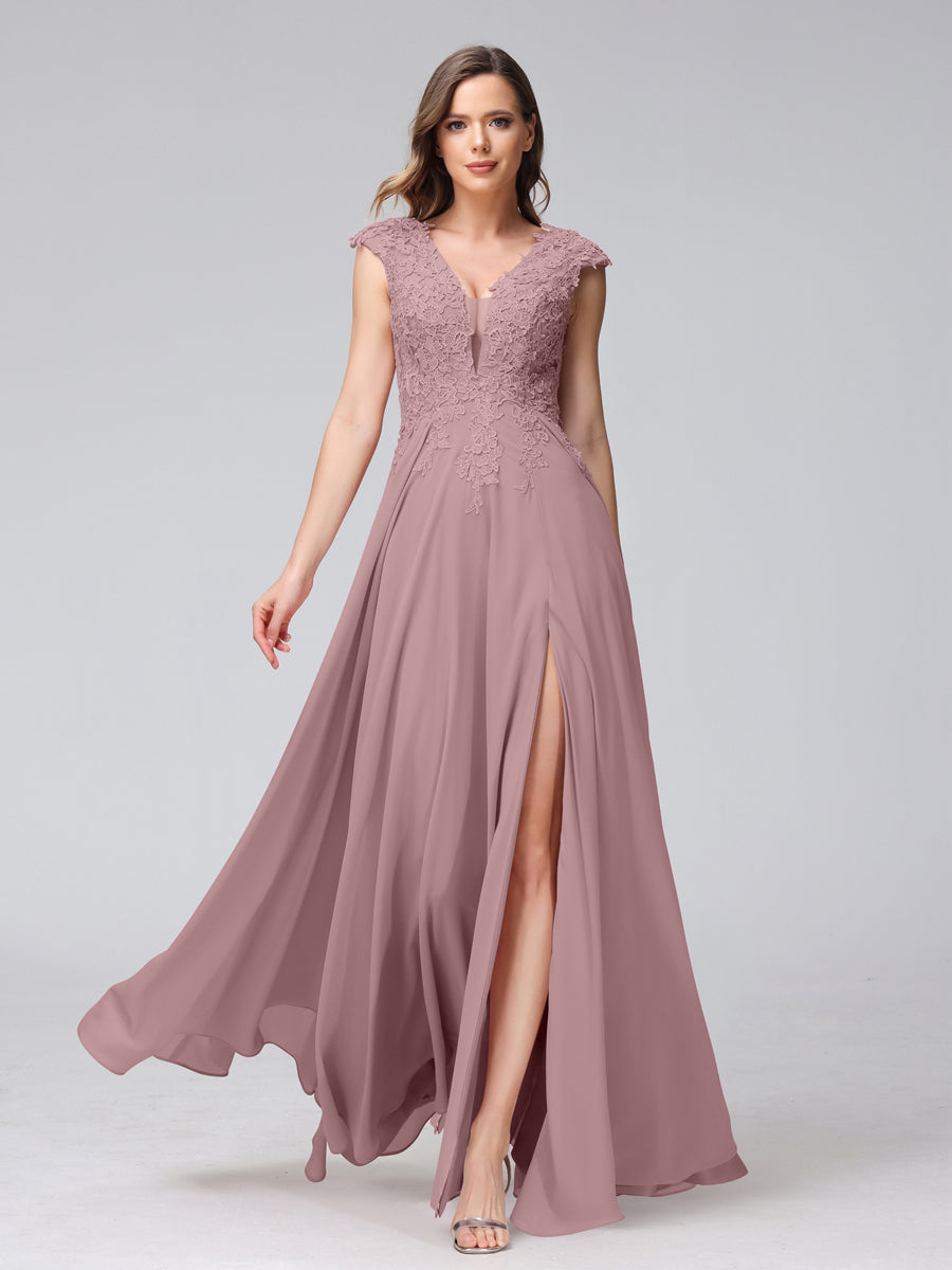 A-Line V-Neck Sleeveless Chiffon Long Bridesmaid Dresses With Applique Split Side