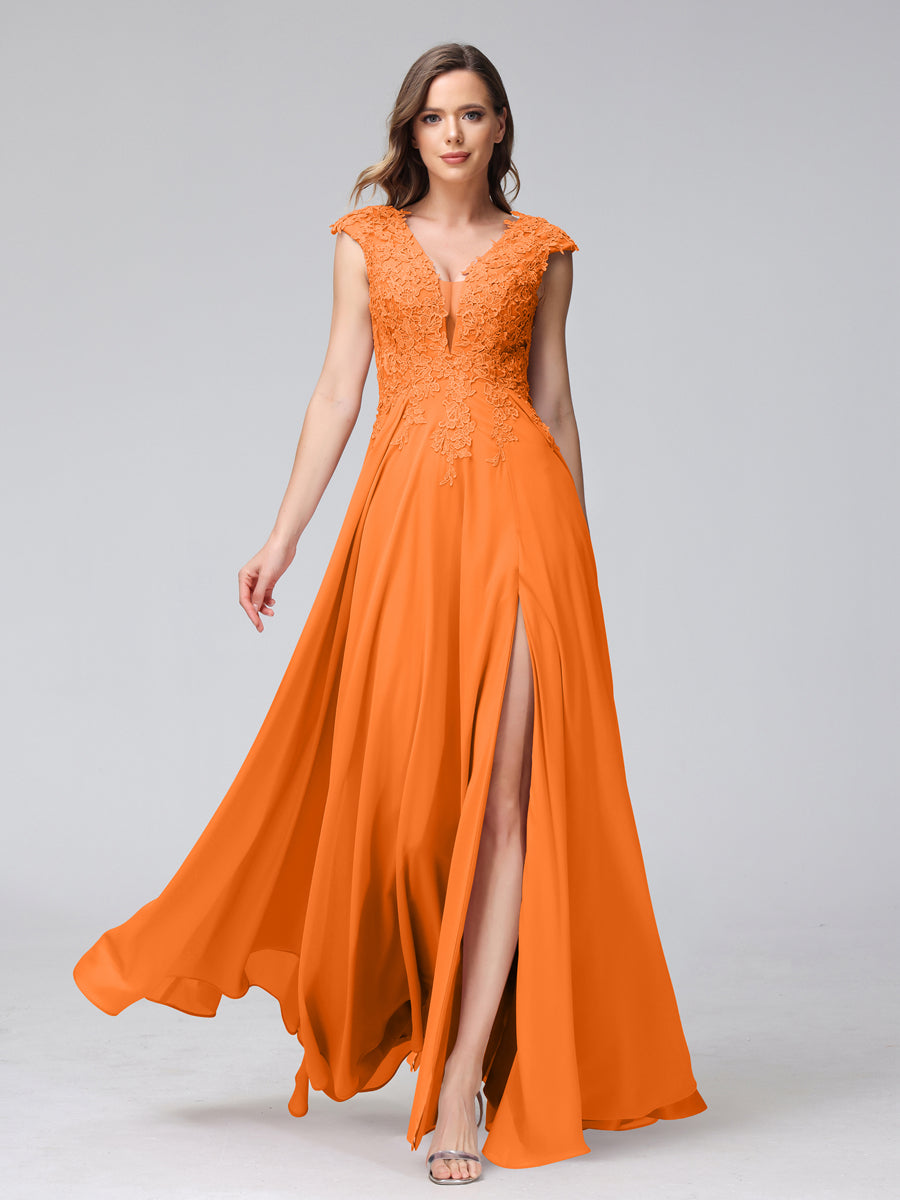 A-Line V-Neck Sleeveless Chiffon Long Bridesmaid Dresses With Applique Split Side