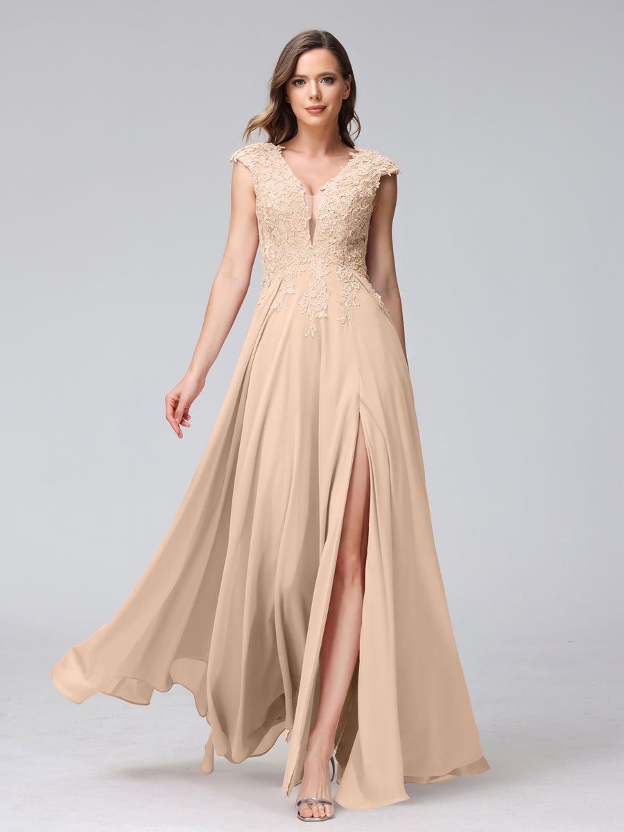 A-Line V-Neck Sleeveless Chiffon Long Bridesmaid Dresses With Applique Split Side