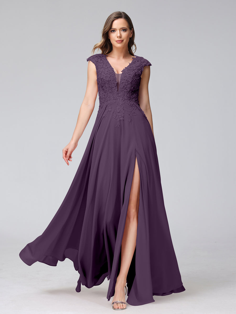 A-Line V-Neck Sleeveless Chiffon Long Bridesmaid Dresses With Applique Split Side