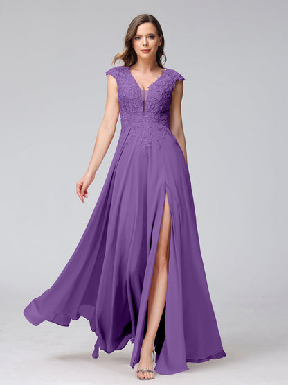 A-Line V-Neck Sleeveless Chiffon Long Bridesmaid Dresses With Applique Split Side