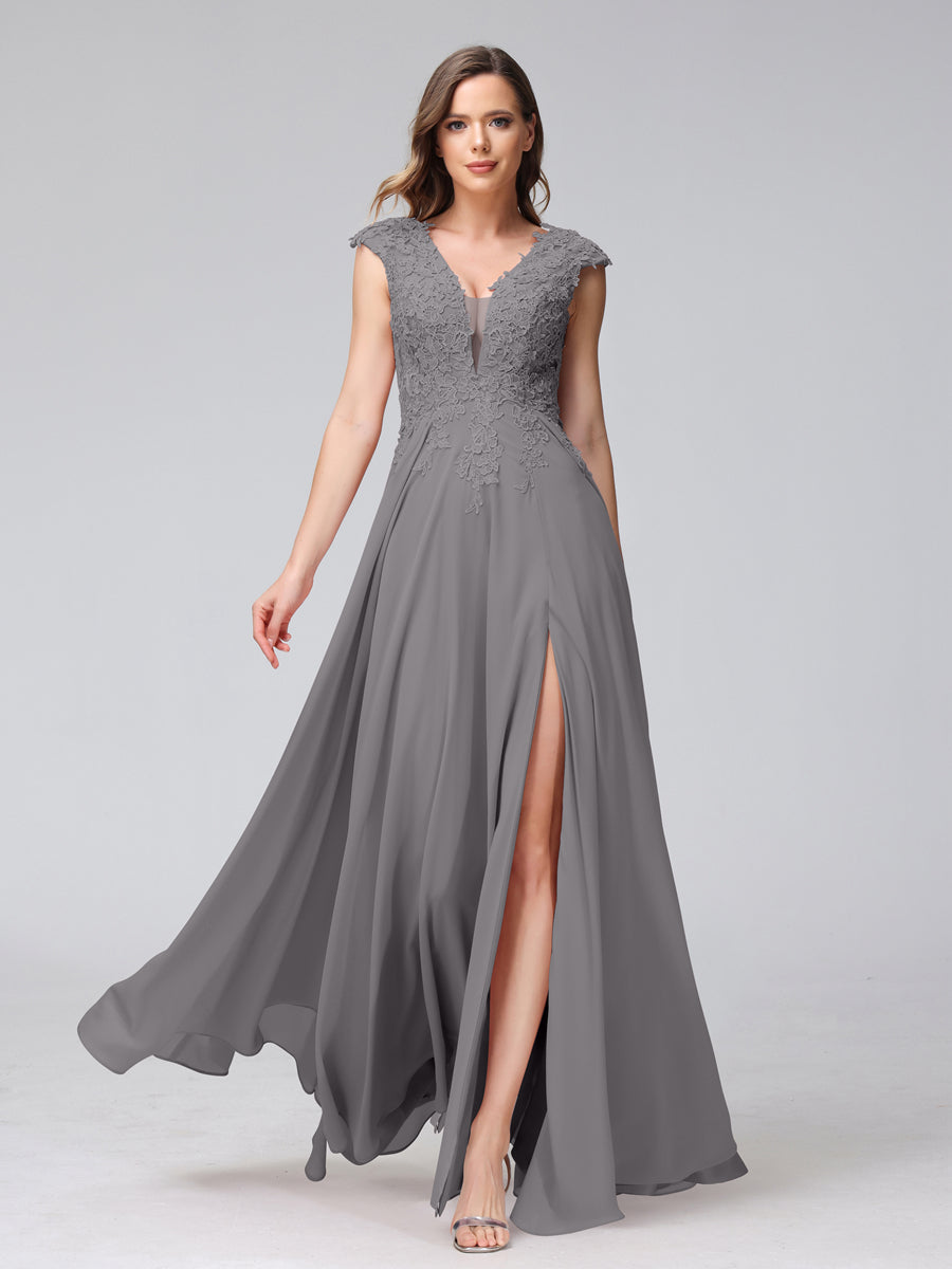 A-Line V-Neck Sleeveless Chiffon Long Bridesmaid Dresses With Applique Split Side