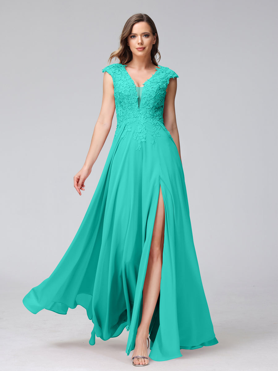 A-Line V-Neck Sleeveless Chiffon Long Bridesmaid Dresses With Applique Split Side