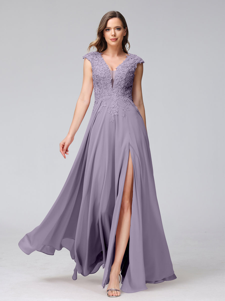 A-Line V-Neck Sleeveless Chiffon Long Bridesmaid Dresses With Applique Split Side