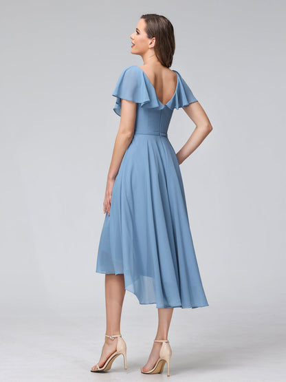 A-Line V-Neck Short Sleeves Asymmetrical Chiffon Bridesmaid Dresses With Pockets