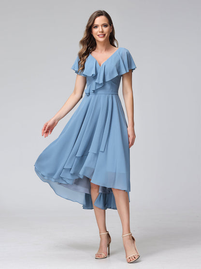 A-Line V-Neck Short Sleeves Asymmetrical Chiffon Bridesmaid Dresses With Pockets