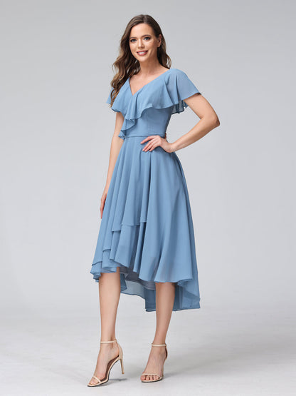 A-Line V-Neck Short Sleeves Asymmetrical Chiffon Bridesmaid Dresses With Pockets