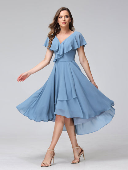 A-Line V-Neck Short Sleeves Asymmetrical Chiffon Bridesmaid Dresses With Pockets