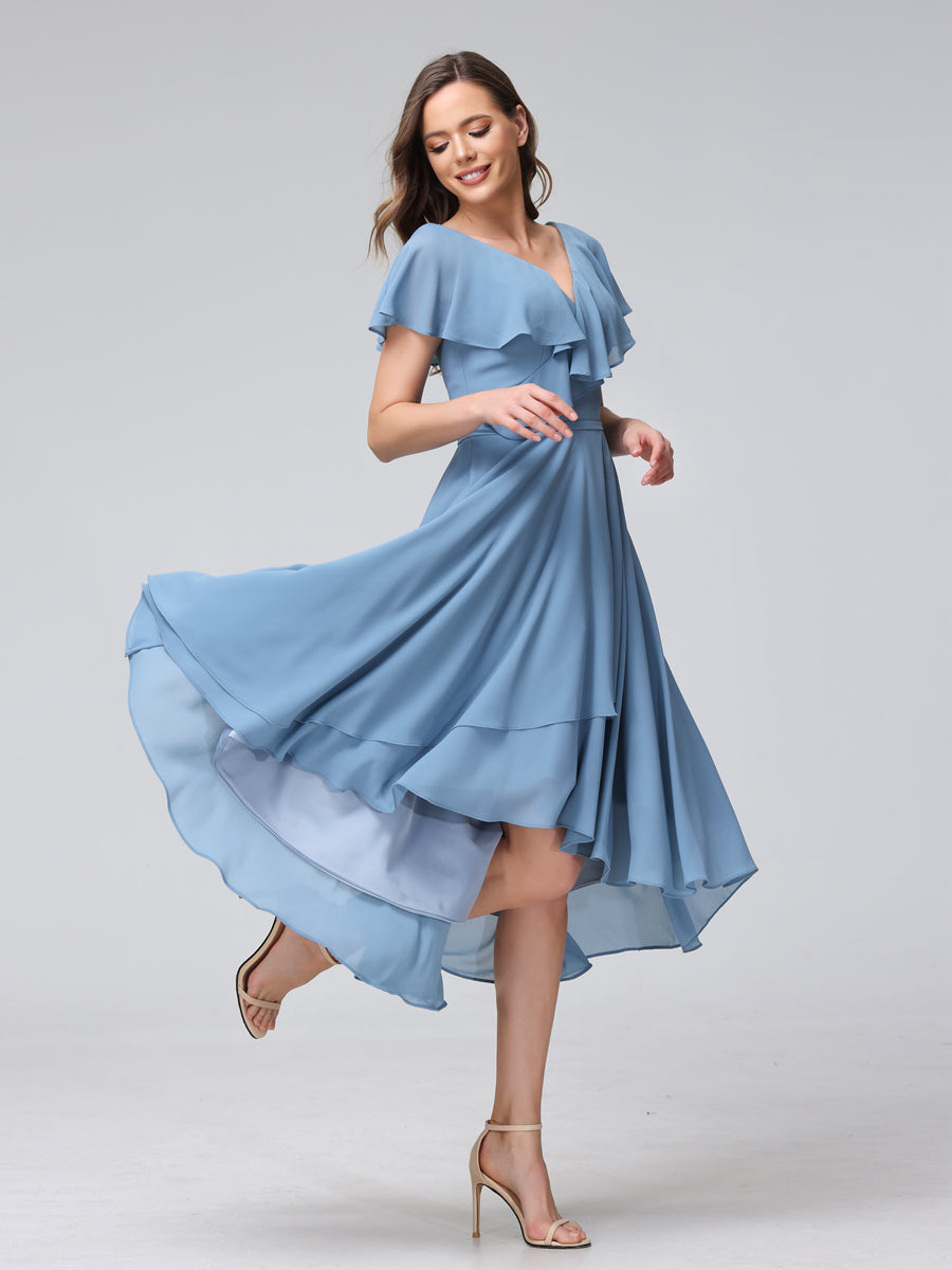 A-Line V-Neck Short Sleeves Asymmetrical Chiffon Bridesmaid Dresses With Pockets