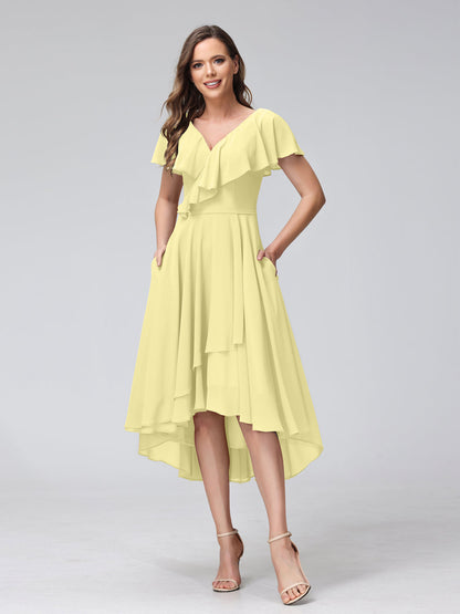 A-Line V-Neck Short Sleeves Asymmetrical Chiffon Bridesmaid Dresses With Pockets