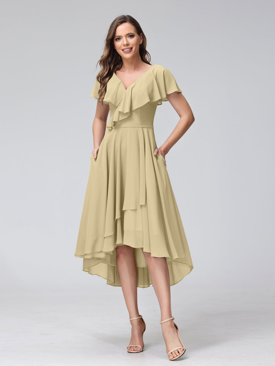 A-Line V-Neck Short Sleeves Asymmetrical Chiffon Bridesmaid Dresses With Pockets