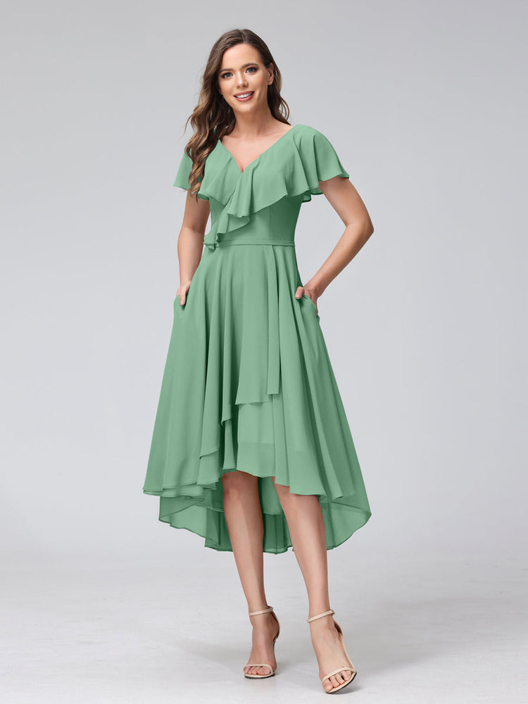 A-Line V-Neck Short Sleeves Asymmetrical Chiffon Bridesmaid Dresses Wi ...