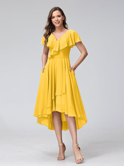 A-Line V-Neck Short Sleeves Asymmetrical Chiffon Bridesmaid Dresses With Pockets