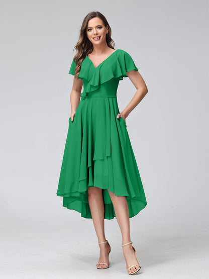 A-Line V-Neck Short Sleeves Asymmetrical Chiffon Bridesmaid Dresses With Pockets