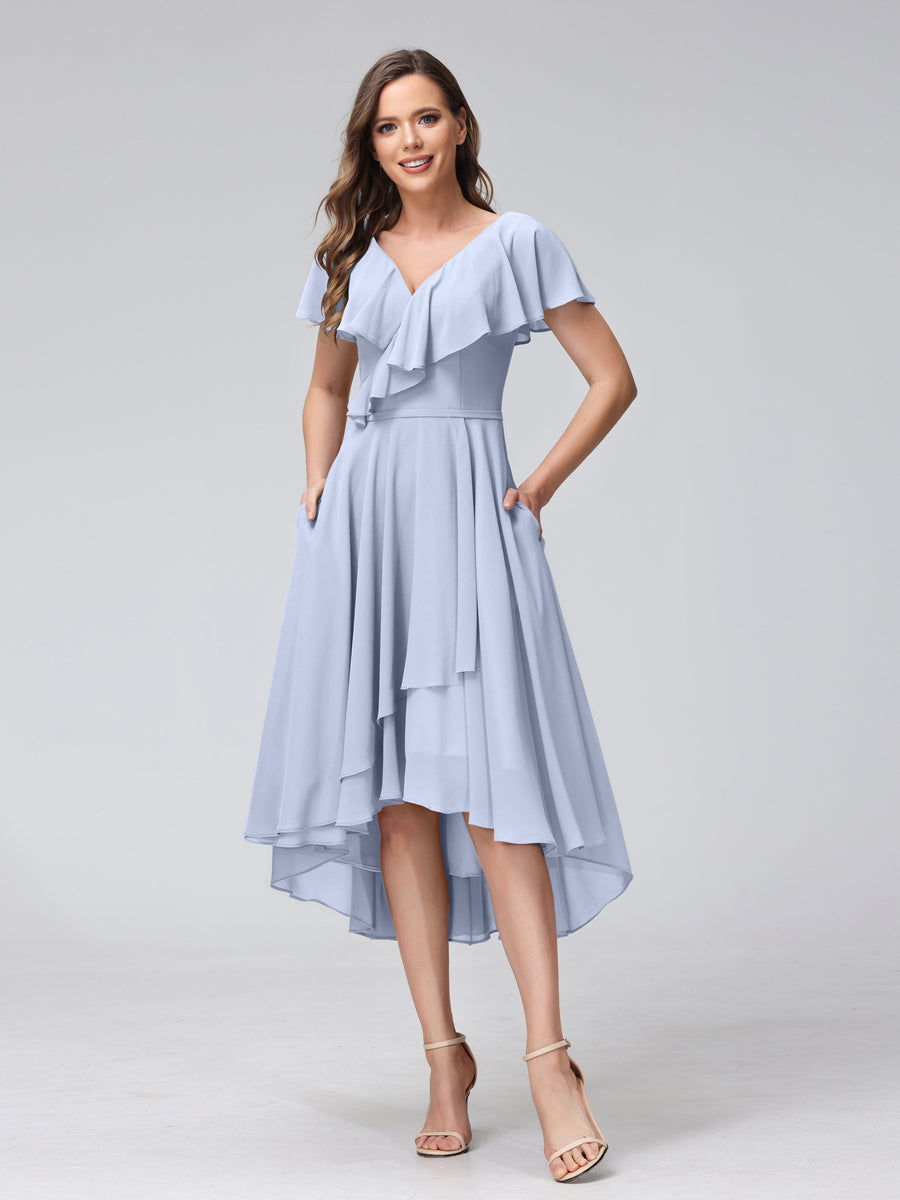 A-Line V-Neck Short Sleeves Asymmetrical Chiffon Bridesmaid Dresses With Pockets