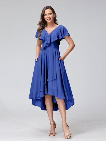 A-Line V-Neck Short Sleeves Asymmetrical Chiffon Bridesmaid Dresses With Pockets