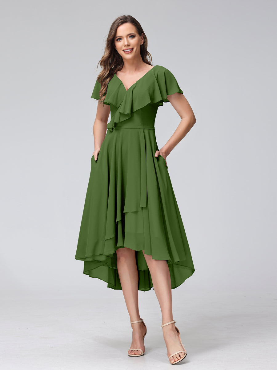 A-Line V-Neck Short Sleeves Asymmetrical Chiffon Bridesmaid Dresses With Pockets