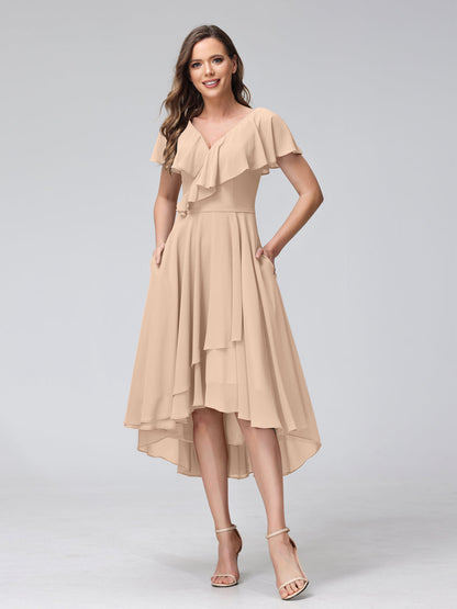 A-Line V-Neck Short Sleeves Asymmetrical Chiffon Bridesmaid Dresses With Pockets