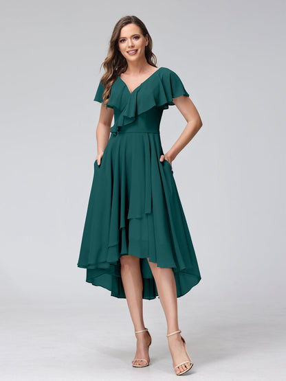 A-Line V-Neck Short Sleeves Asymmetrical Chiffon Bridesmaid Dresses With Pockets