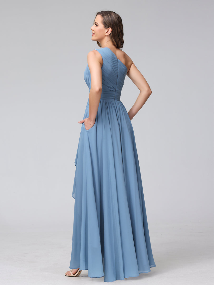 A-Line One-Shoulder Sleeveless Chiffon High Low Bridesmaid Dresses with Pockets