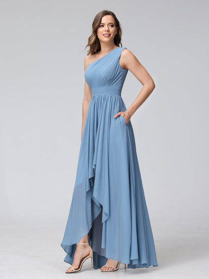 A-Line One-Shoulder Sleeveless Chiffon High Low Bridesmaid Dresses with Pockets