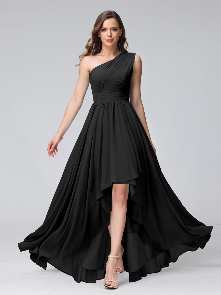 A-Line One-Shoulder Sleeveless Chiffon High Low Bridesmaid Dresses with Pockets